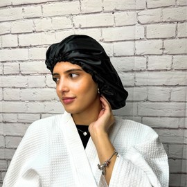 DOMPEL Satin Hair Cap for Curly, Voluminous, or Straight Hair | Prevents Frizz, Dryness, Knots and Hair Breakage | Model 392 Black (2 PCS)