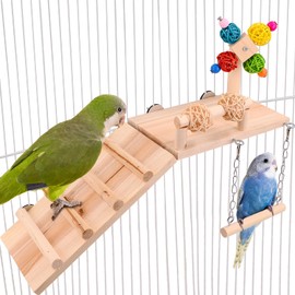 BRSLAIF 4 in 1 Bird Perch for Cage, with Ldder Swing Platform Chewing, Parakeet Parrot Cockatiel Toys, Cage Accessories