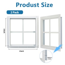 Ktondic Shed Window 2 Pack 12'' x 12'' Square White Flush Mount Shed Transom Window with Tempered Glass and Screws for Shed,Chicken Coop,Barns,Playhouse and Garage