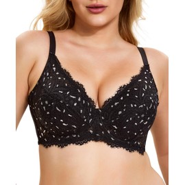 Redgray Minimizer Bras for Women Full Coverage Embroidered Lace Unlined Underwire Bras for Large Breasts(36D, Black)