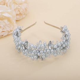 Teyglen Bridal Blue Pearl Beads Tiara Headband Crystal Wedding Hair Crown Handmade Rhinestone Headpieces Hair Accessories for Women Wedding Prom Birthday Party