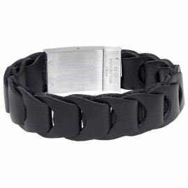 Lavari Jewelers Genuine Black Leather and Stainless Steel Thick Bracelet - 8 Inch