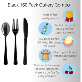 Exquisite 150 Pack Black Plastic Utensils Heavy Duty Cutlery Set 50 Plastic Forks 50 Plastic Spoons 50 Plastic Knives Perfect Plastic Silverware Party Pack Set for all occasions