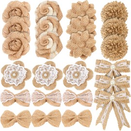 LEOBRO 24PCS Burlap Flowers, 8 Styles Natural Handmade Rustic Rose Flower Bowknot with Faux Pearls for DIY Craft Bouquets Home Wedding Christmas Party Decoration