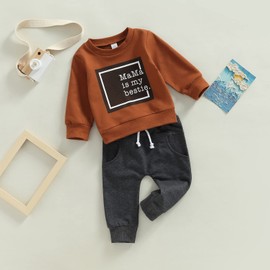 XIXIMAON Mama Is My Bestie Baby Boy Clothes Set Long Sleeve Lettered Jumper Drawstring Solid Long Pants 2pcs Toddler Kids Boy Tracksuits (Brown, 6-12 Months)