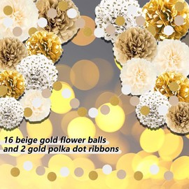 TREABEAR 18 Pieces Decorative Boho Style Outdoor Tissue Paper Pompoms Decoration Beige Spring Decoration Paper Pompoms Tissue Paper White Gold Decoration Communion Table Decoration Streamers Gold