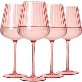 TrophyToast Pink Ribbed Wine Glasses Set of 4-20oz Hand-Blown Fluted Glassware, Lead-Free Crystal Vintage Ripple Texture Red Wine Glasses, Perfect Gifts for Weddings, Birthday, Special Occasions