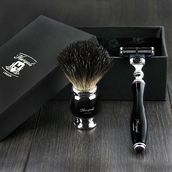 Men's Black Shaving Set Pure Badger Brush & Razor Gillette Mach 3 in Gift Box Christmas Gift