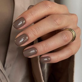 Brown Press on Nails Short Square Nails,KXAMELIE Short Fake Nails Glue on Nails,Acrylic Nails Press ons Round Soft Gel Nails for Girls,Stick on Nails for Women Daily Wear and Work in 24PCS