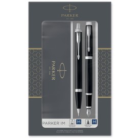 Parker IM Duo Gift Set with Ballpoint Pen & Fountain Pen | Gloss Black with Chrome Trim | Blue Ink Refill & Cartridge | Gift Box