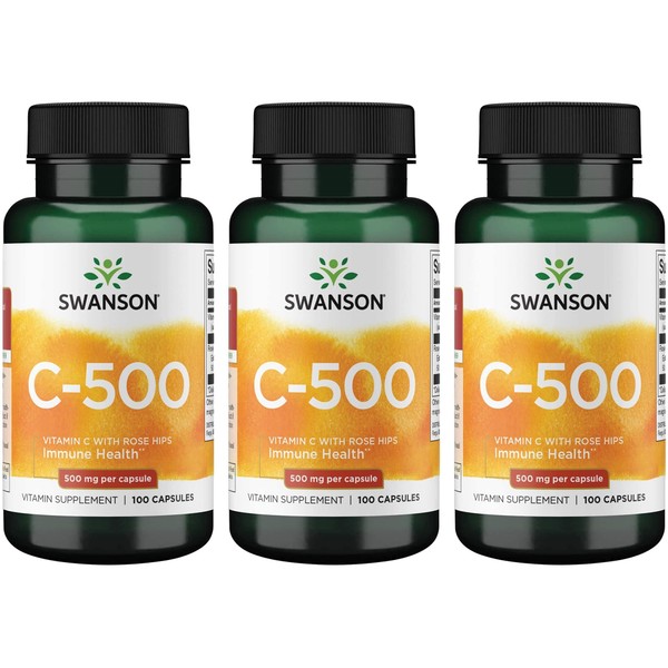Swanson Vitamin C with Rose Hips Immune System Support Skin Cardiovascular Health Antioxidant Supplement 500 mg 100 Capsules (3 Pack)