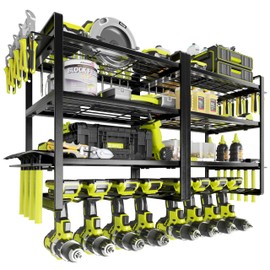 KAFAHOM Power Tool Organizer Wall Mount, 4-Tier Drill Holder for Cordless Tools, 2-Pack Set, Garage Storage Rack with Side Hooks for Hammers & Pliers, Tool Organizer for Workshop/Utility Room