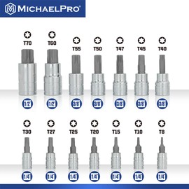 MichaelPro Torx Bit Socket Set, 16-Piece 1/4 Inch, 3/8 Inch, 1/2 Inch Drive Torx Bit Set with T8 to T70 Torx Bits, Star Bit Socket Set with Socket Adapters and Steel Clips Socket Rail Organizer