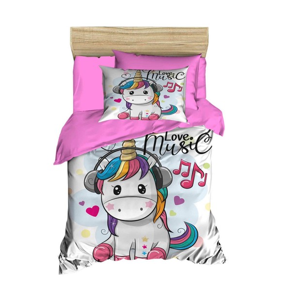 OZINCI 3D Unicorn Bedding Set, Love Music Unicorn Themed Quilt/Duvet Cover Set, Girls Bed Set, Single/Twin Size, (4 Pieces)