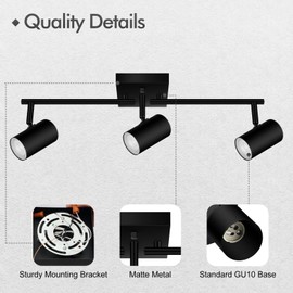 AUQUEE 3 Light Track Lighting Fixtures Ceiling, Black LED Track Lighting Kit, Modern Kitchen Track Lights with Rotatable Light Heads, Ceiling Spot Lighting for Living Room/Hallway/Bar, No GU10 Bulb