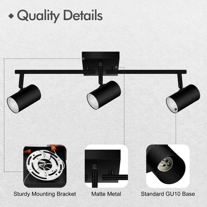 AUQUEE 3 Light Track Lighting Fixtures Ceiling, Black LED Track