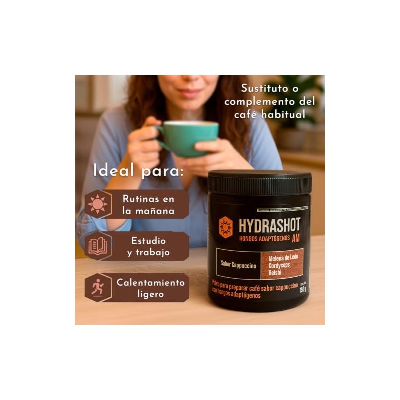 HydraShot Café Soluble Cappuccino con Hongos Adaptógenos, 1 cucharada, Adicionado