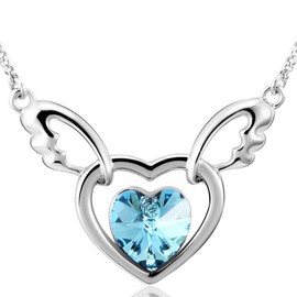 Infinite U Hollow Double Hearts Angel Wing Austrian Crystal Silver Plated Pendant/Necklace for Women/Girls/Female/Teenagers-3 Colour Options Ocean Blue/Purple/ Pink (Ocean Blue)