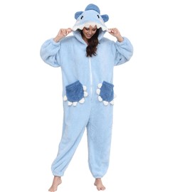 chuangminghangqi One-Piece Pyjamas Women's Long Winter Onesie Animal Costume Adult Costume Jumpsuit Women with Zippers Loose and Comfortable Pyjamas Fleece Onesie Clothing with Hood, blue