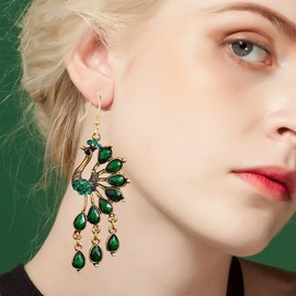 JDONL Vintage Bohemian Peacock Teardrop Tassel Drop Dangle Earrings for Women Sparkling Crystal Phoenix Bird Earrings Statement Jewelry (Green)