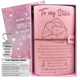 OMNIQI Sister Gifts, Sister Birthday Cards, Sister Christmas Gifts Pink Set, Special Gifts for Sister, Sister Gifts from Sister Engraved Leather Journal, Wallet Card And Keyring - With Pink Gifts Box