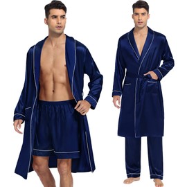 SWOMOG Men's 3 Pcs Luxurious Kimono Robe Set Silk Satin Bathrobes Lightweight Long Sleeve Sleepwear Set