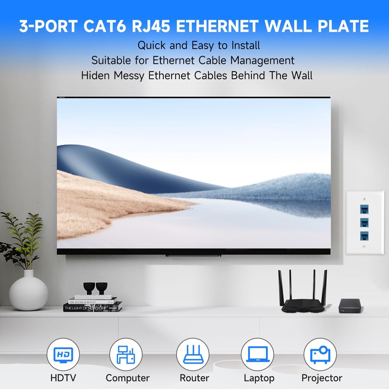 4 Pack Ethernet Wall Plate 3-Port Cat6 Keystone Jack RJ45