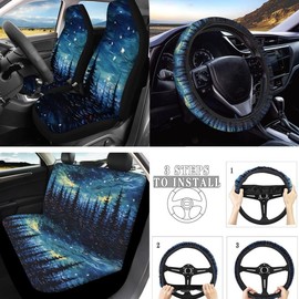 Uskorhein Starry Night Forest 10 Set Car Seat Covers for Women Full Set Starry Sky Tree Pattern Front Back Seats Covers,Seat Belt Pads, Coaster,Keychains