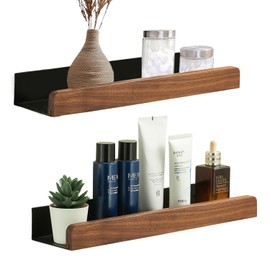 FunViet Walnut Wooden Floating Shelves for Wall,2 Pack Farmhouse Natural Wood Small Shelf with Border Over Toilet,Space Saving Bathroom and Kitchen Storage Organizer (16 Inch)