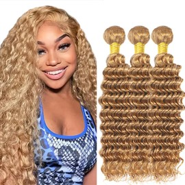 CrmBmod Extensiones De Cabello Humano Rubio Miel Con Ondas Profundas, 3 Mechones, 30, 30 Y 30 Pulgadas, Sin Procesar, Remy Virgen Brasileño, 50 Gramos Por Mechón.