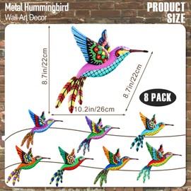 Liliful 8 Pcs Large Metal Wall Art Decor Colorful Hummingbird Outdoor Hanging Decor 3D Birds Iron Room Wall Art for Garden Fence Balcony Living Room Patio Decorations, 8.7 x 10.2 x 8.7 Inches