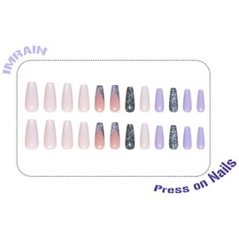 IMRAIN Long Press on Nails Coffin French Tips Fake Nails Full Cover Blue Purple Acrylic False Nails with Glitter Designs Ballerina Artificial Glossy Glue on Nails for Women Girls 24Pcs