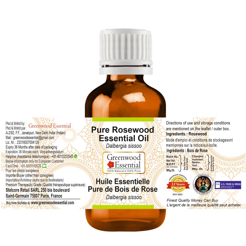 Greenwood Essential Pure Rosewood Essential Oil (Dalbergia Sissoo) Steam Distilled