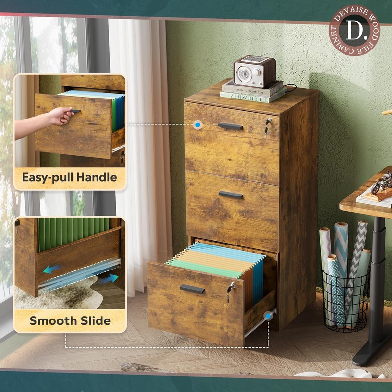 DEVAISE 3 Drawer File Cabinet with Lock, Vertical Wood Filing