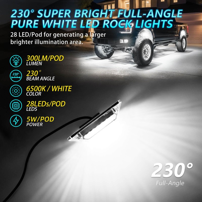12Pods Full Angle All Pure White LED Rock Lights Full