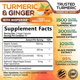 Turmeric Curcumin Supplement - 95% Curcuminoids with Organic Turmeric & Ginger, BioPerine Black Pepper Extract for Best Absorption, Natural Vegan Joint Support, Non-GMO, Bottled in USA - 120 Capsules