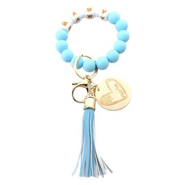 Fuqimanman2020 MAMA Keychain Silicone Bead Wooden MAMA Tag Bracelet PU Tassel Key Ring Wristlet Keychain Mother’s Day Gift-blue