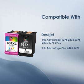 SHUPAN 667XL Ink Cartridge Black and Color Combo Pack, Replacement for HP 667XL 667 XL Ink Cartridges, for HP DeskJet 1275 2374 2375 2376 2775 2776 6075 6475 6476 Printers (1 Black, 1 Tri-Color)
