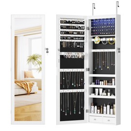 Elevon 6 LEDs Jewelry Cabinet Organizer, 47.2-inch Jewelry Armoire with Full-Length Mirror, Wall or Door Mounted Jewelry Storage, Lockable Large Capacity Storage, White