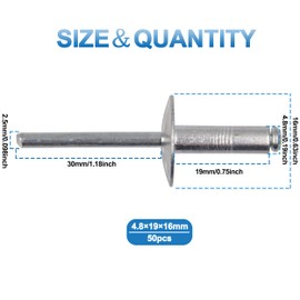 BESTYCHAO 50pcs Aluminum Blind Rivets with Large Flange 4.8mm x 20mm, Pack of 50 (Sliver)