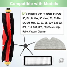 YBVABE Replacement Parts for Roborock S6 Pure Maxv S5 MAX S4 Max E4 E20 E25 E35 S50, 13-Pack Accessories Kit, Main Brushes, 2 Filters, 3Mop, 4 Black Side Brushes