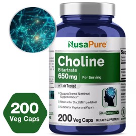 NusaPure Choline Bitartrate 650 mg.200 Veggie Capsules (Vegetarian, Non-GMO)