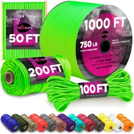 TECEUM Paracord Type IV 750 lb Neon Green – 1000 ft – 4mm – 100% Nylon Strong Tactical MIL–SPEC Parachute Cord – Survival Rope Emergency Para Cord 11 Strands Core EDC Camping Hiking Military Gear 462а