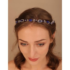 Teyglen Royal Blue Rhinestone Hairbands Shiny Crystal Wedding Headband Holiday Party Hair Accessories for Women Brides Crystal Beads Headband Hair Band