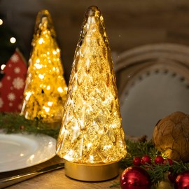 Christmas Decorations Tabletop Glass Christmas Tree Centerpiece Battery Operated Lamp with Timer Lighted Xmas Tree for Home Fireplace Mantel Tabletop Party Decor Gold