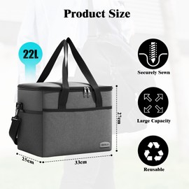 Venprodium 33x25x27 cm Kühltasche 22L, Lunchtasche Faltbar, Thermotasche, Isoliertasche, Picknicktasche, Gefriertasche, Halten Sie Lebensmittel Frisch, für Einkauf, Picknick, Camping und Strand, Grau