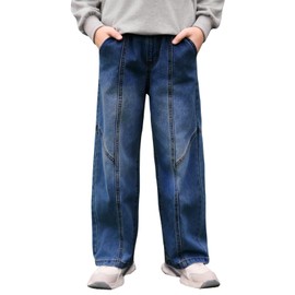 Haloumoning Boys Wide Leg Jeans Kids Casual Straight Baggy Denim Pants with Pockets 5-14 Years Dark Blue