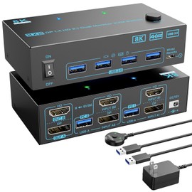 8K Displayport 1.4 + HDMI 2.1 Dual Monitor KVM Switch 2 Monitors 2 Computers 2 in 2 Out 2 Ports KVM Switches Max Support 8K@60Hz/4K@144Hz for 2 PCs Share 2 Screens and 4 USB 3.0 Devices