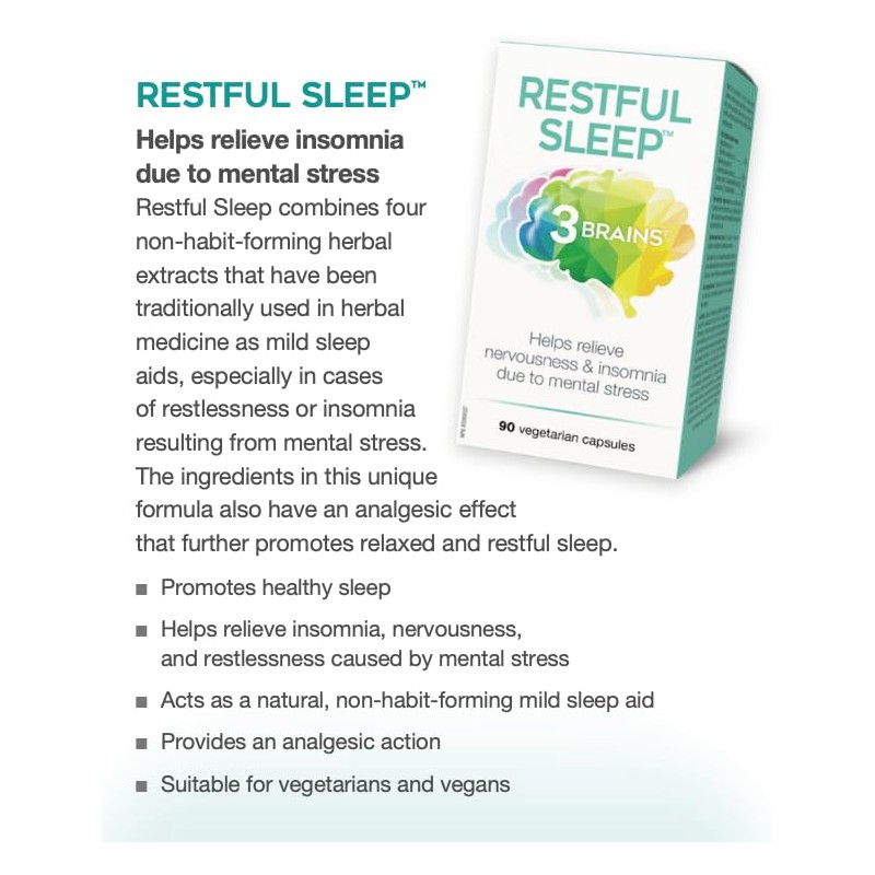 3 Brains 3 Brains Restful Sleep 90 Vegetarian Capsules, Helps