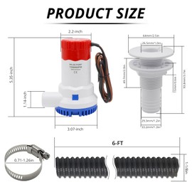 YQMIGU 1500 Gph Bilge Pump 12 Volt Has A Quiet Sound, With 1-1/8 Inch Bilge Pump Hose 6FT, 2PCS Stainless Steel Hose Clamps And Thru Hull Fitting, Suitable For Water Boats And Ponds